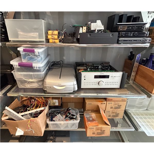 3 Shelves - Misc. Electronics including Telus Cable Boxes, Rotel Receiver, Epson Scanner, Etc.