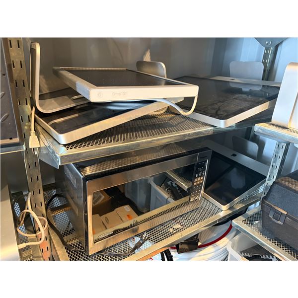 2 Shelves - Misc. iMac Computers - Untested / Believed to be not working + Panasonic Microwave