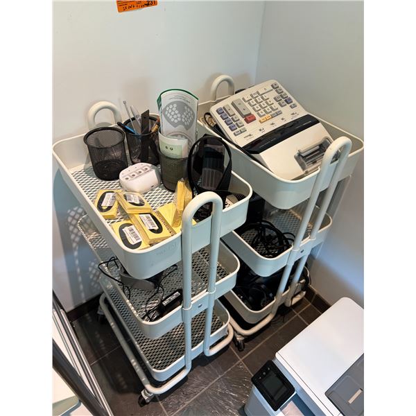 2 Carts - Rolling Carts w/ Misc. Cables, Calculator, Etc.