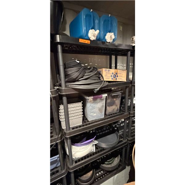 All Contents on Shelving Unit - Water Jugs, Rubber Hose, Storage Bins and Plant Saucers