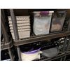 Image 4 : All Contents on Shelving Unit - Water Jugs, Rubber Hose, Storage Bins and Plant Saucers