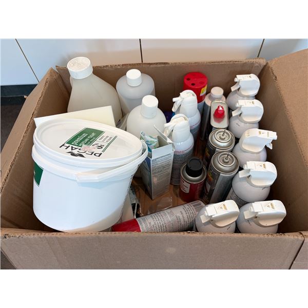 Box of Freeze Spray, Dust Destroyer, Hi-Test Cream Peroxide and Assorted Salon Chemical Supplies