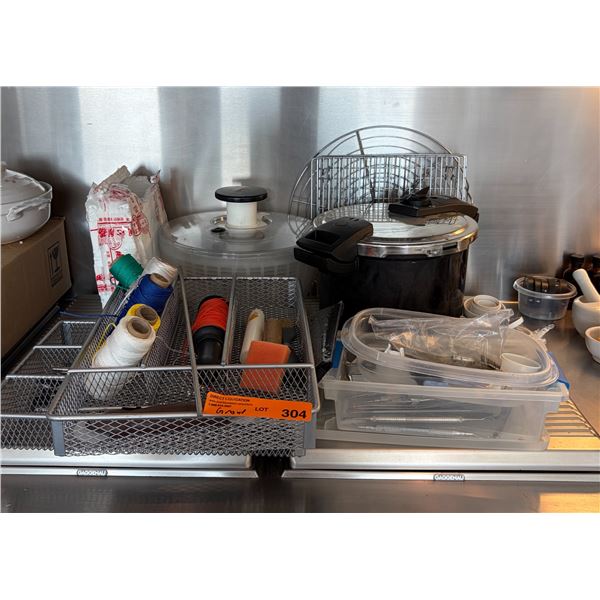 OXO Salad Spinner, Pressure Cooker, Thread and Assorted Kitchen Utensils