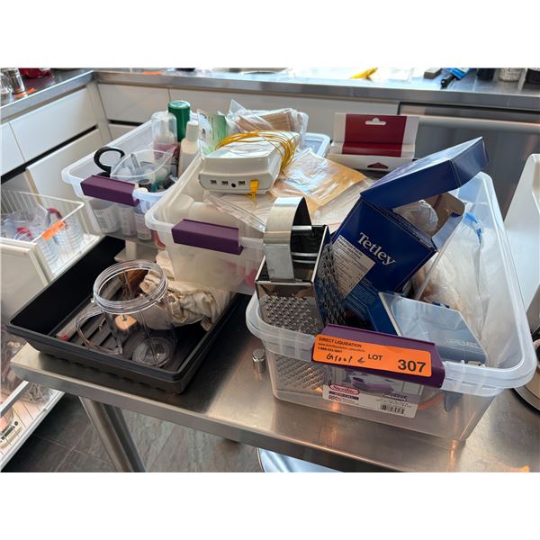 Bins of First Aid Supplies, Cheese Graters, T-Fal Charcoal Filter and Assorted Household Items