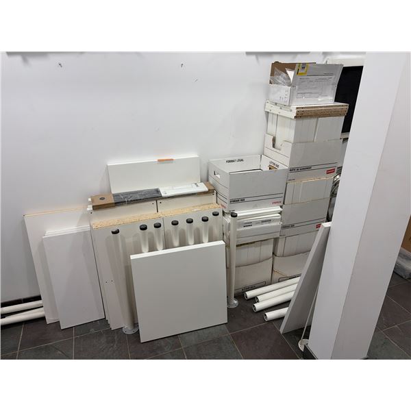 Group Of Assorted White Furniture Panels And Table Legs With IKEA Berg Trestle Legs, Lekman Storage 