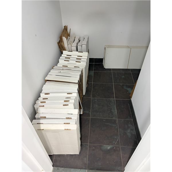 Group Of White Cabinet Drawer Fronts, Cabinet Doors With Hinges And Assorted Flat Panel Cardboard Bo