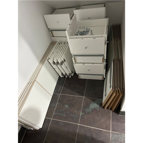 Group Of White Cabinet Drawer Fronts, Cabinet Doors With Hinges And Assorted Flat Panel Cardboard Bo