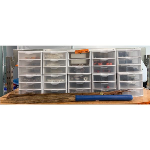 Group Of 5 White Plastic Drawer Storage Units With Assorted Drip Irrigation Fittings, Screws, Teflon