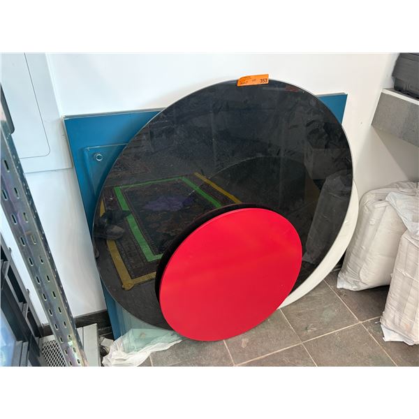 Group Of Round Table Tops In Black, White, Red And Blue Finishes And Glass Panels
