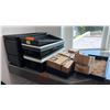 Image 1 : Group Of Assorted Black Plastic Seedling Trays And Decorative Cardboard Boxes With Straw Nesting Mat