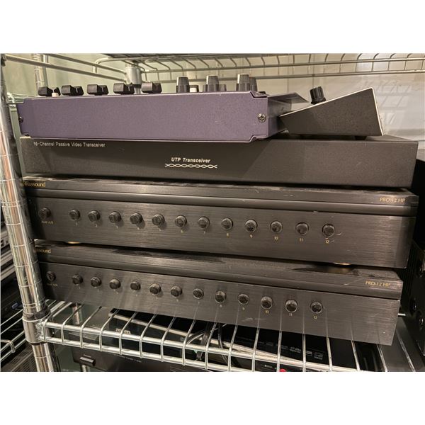 Group of AMX SX-100 Stereo Mixer, AMX Karaoke Microphone Pre-Amplifier, and Russound Pro-12 HP Ampli
