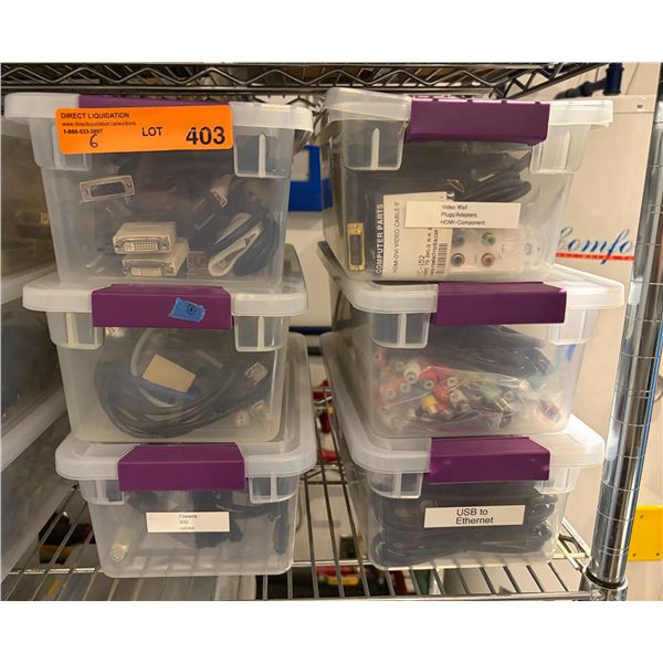 Group of Bins Containing HDMI, DVI, Firewire, and USB to Ethernet Cables Etc.