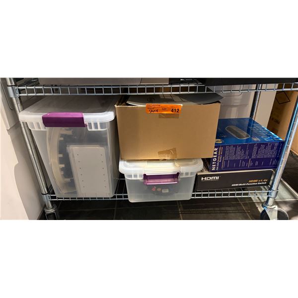 Group of Pro-Linear PL8DV In-Ceiling Speakers, Netgear Router Gateway, and HDMI Multi-Function Switc