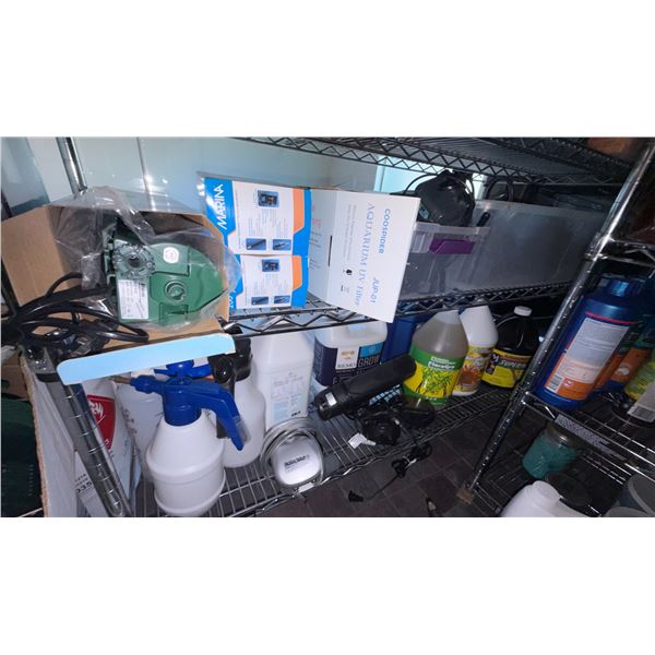 Group of Aquarium Filters, General Hydroponics FloraGro Nutrients, and Active Aqua Air Pump, Etc.