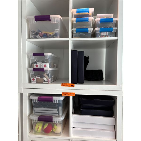Group of 10 Storage Bins Misc - Matches, Plastic Cutlery, Tennis Balls, Remotes, Etc.