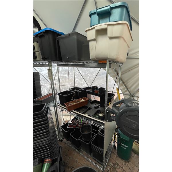 Shelf lot of Grow Light, Various Totes, Planter Pots, Etc.