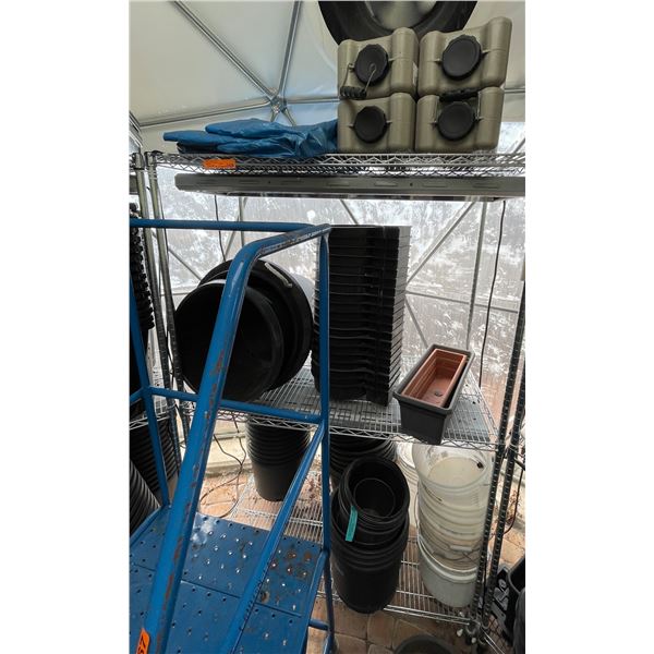 Shelf of Grower Light, Water Storage, Planter Pots, Etc.