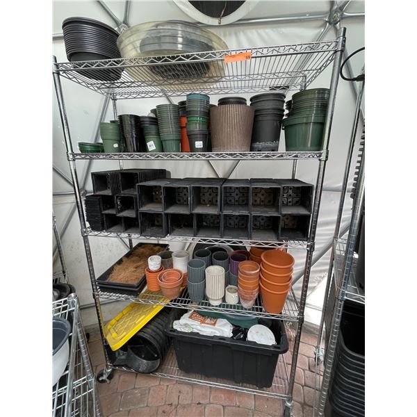 Shelf lot of Various Planters, Tote, Pots, Etc