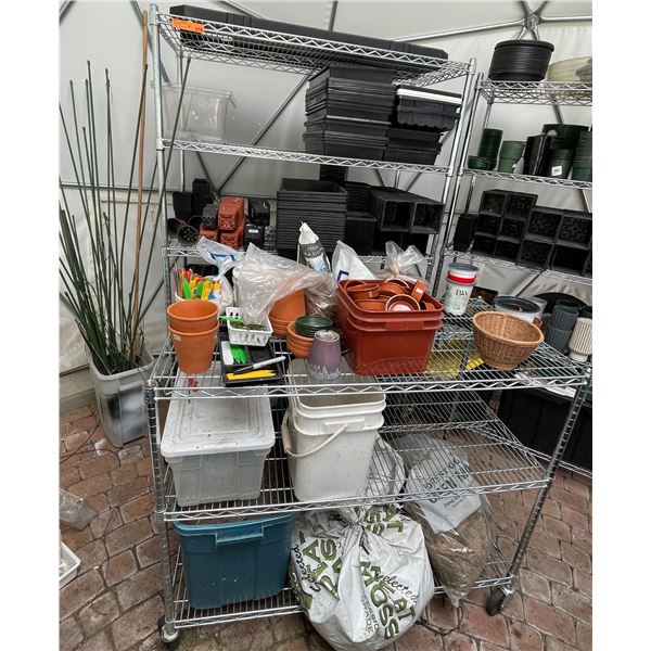 Large Group of Shelves w/Planter Pots, Rocks, Grow Equipment. etc.