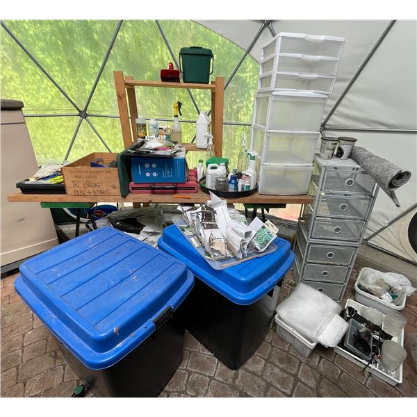 Large Group of Various - Totes, Storage Bins, Planter Equip. Dirt, Table, Etc.