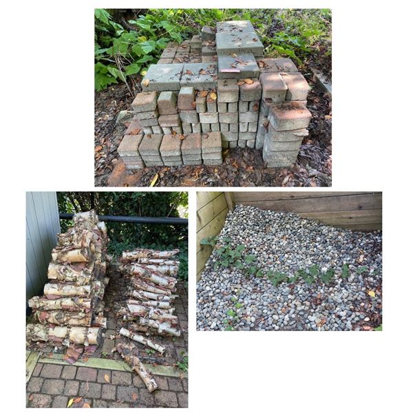 Group of Concrete Pavers and Blocks, Wood, Rocks, Etc.
