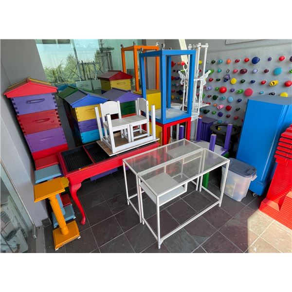 Group of Painted Beehive Boxes, Tables Small Chairs, Etc. (Not Including Wall Art or Red VHS Art Pce