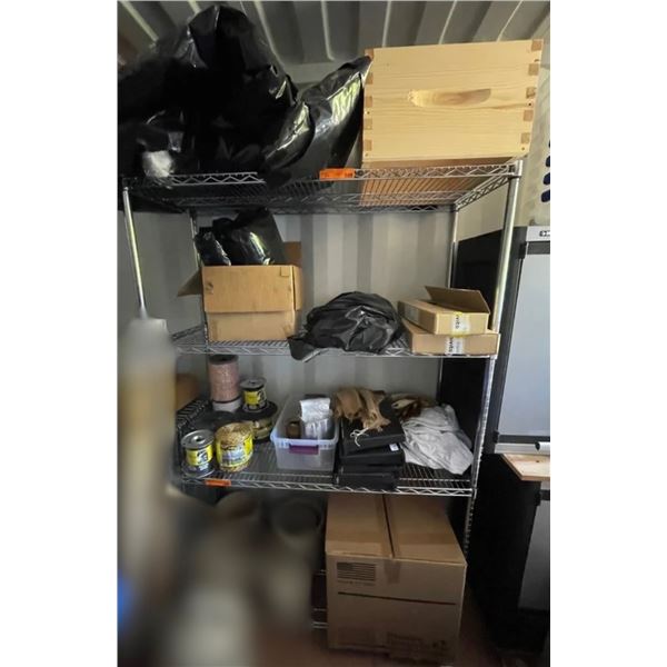 Shelf Lot of Misc - Electric Wire Fence, Bee Equipment, Honey Plastic Containers, Gloves, Etc.