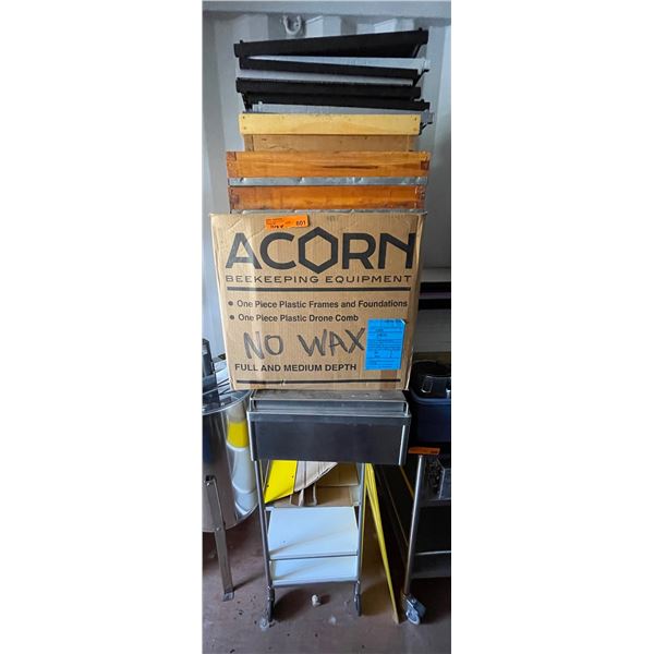 Group of Stainless Steel Rolling Cart and Beehive Frames, Etc.