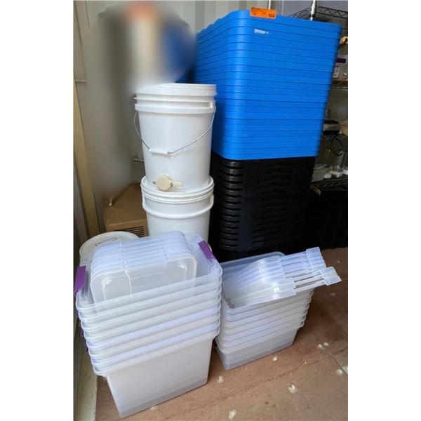 Large Group of Black w/Blue Lid Totes, White Buckets, Plastic Containers, Etc.