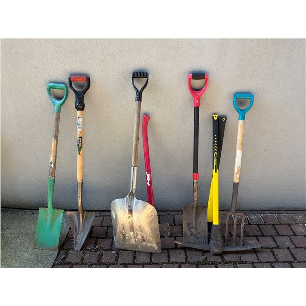 Group of Shovels, Pick Axe, Garden Fork, Etc.