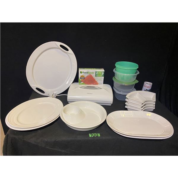 Lot of essential kitchen items including plates, food sealer and more