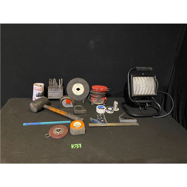 Lot of hand tools including electric palm sander, mallet, tape measure, drill bits and more