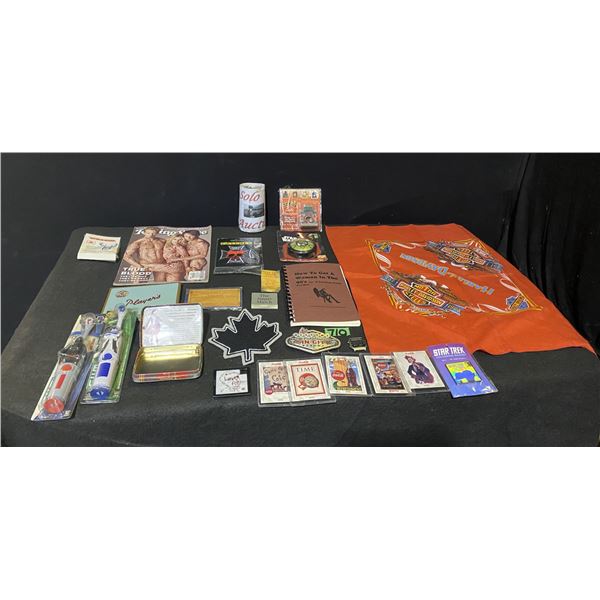 Lot of memorabilia including Coca-Cola collectors cards, Harley Davidson scarf and tons more