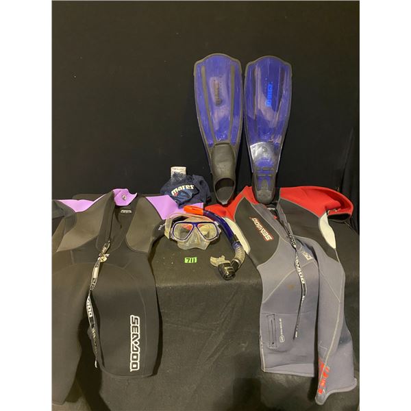 Diving/swimming equipment lot including snorkel, flippers, wet suit women's size 7/8, wet suit men's