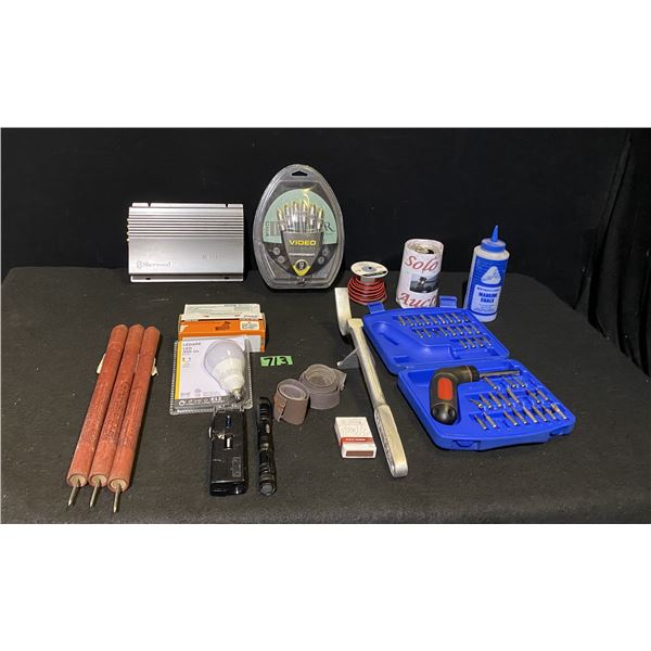 Lot of assorted hand tools, Sherwood Amp, and more