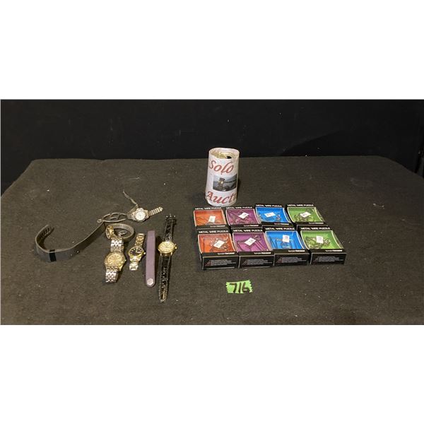 Lot of fashion watches and 8 metal wire puzzles