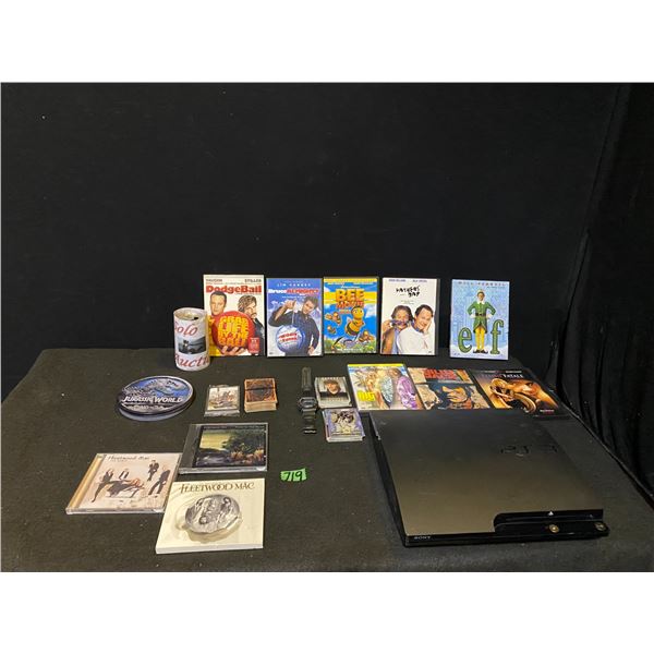 PS3 console (no cables, not tested), fashion watch, DVD movies, music CDs and more