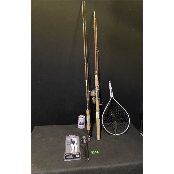 Fishing poles, reel, knife, fishing net and more