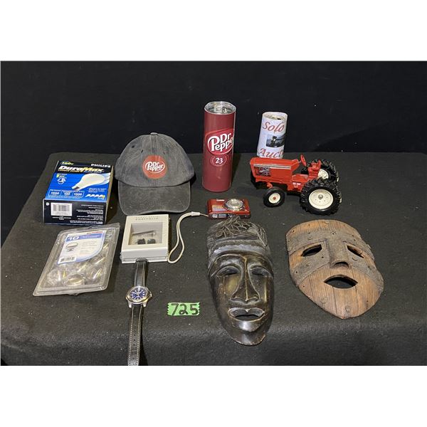 Lot of assorted items including wall masks, Dr Pepper collectables, fashion watch and more