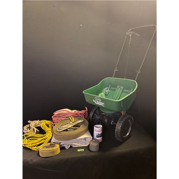 Fertilizer Spreader, ratchet strap, rope & tarp