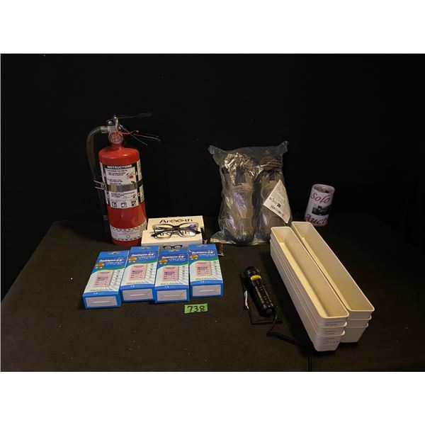 Assorted lot of home items including fire extinguisher, reading glasses, flashlight and more