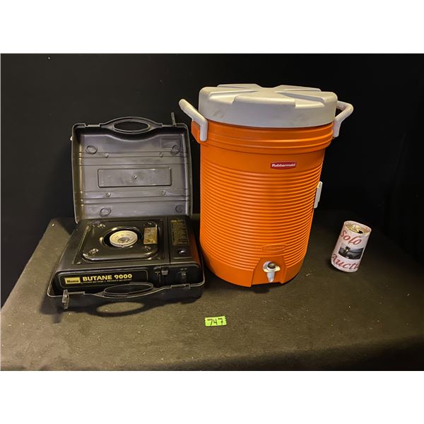 Butane camp stove and Rubbermaid drink cooler