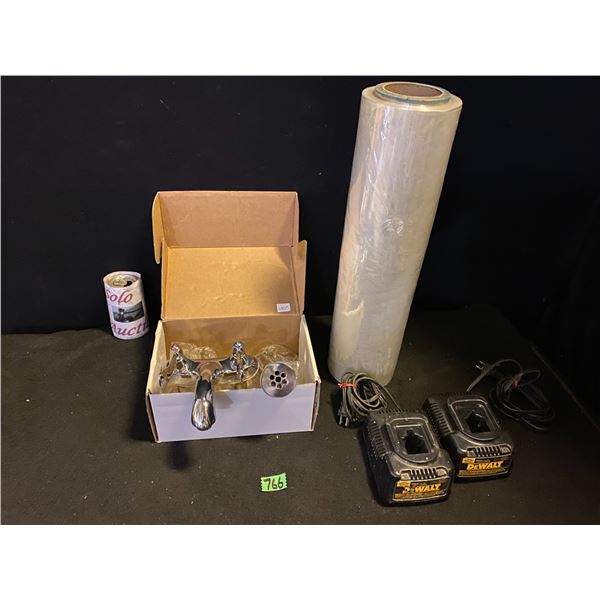 2 DeWalt brand battery chargers, bathroom faucet set and roll of plastic