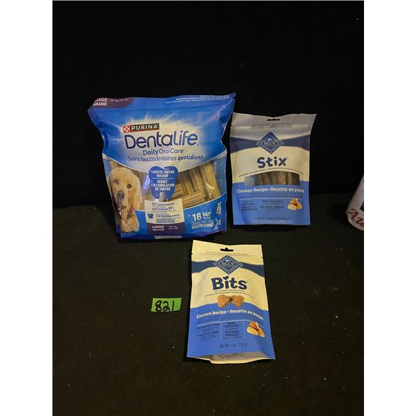 2 Purina Dentalife dog treats and 2 Blue Mountain dog treats