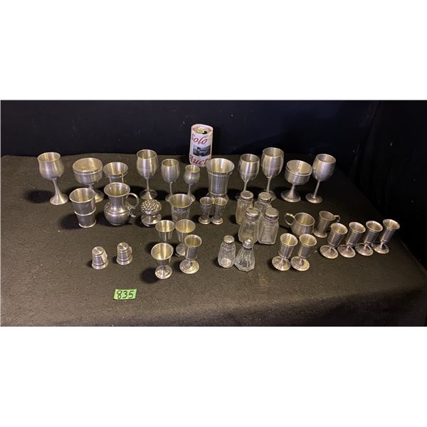 Large lot of Pewter wine goblets, salt/pepper and more
