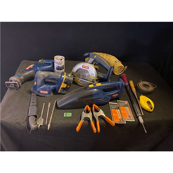 Assorted Ryobi cordless tools including vacuum, sander, circular saw and more, hand tools - No batte