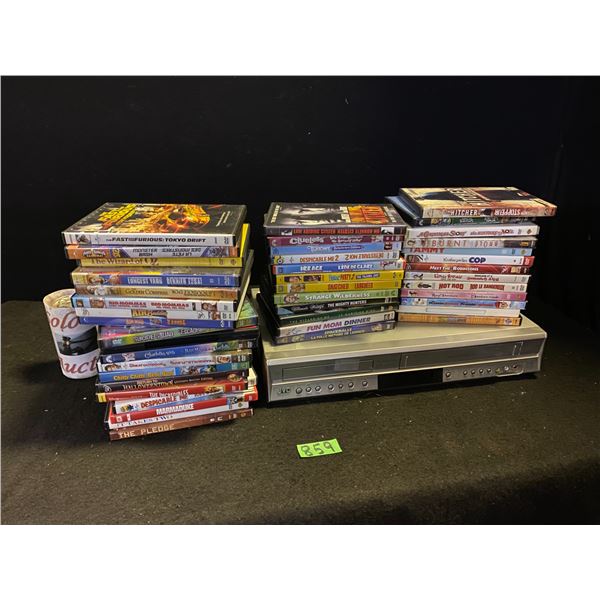 Large lot of DVD movies and JVC VHS/ DVD player combo - Not Tested