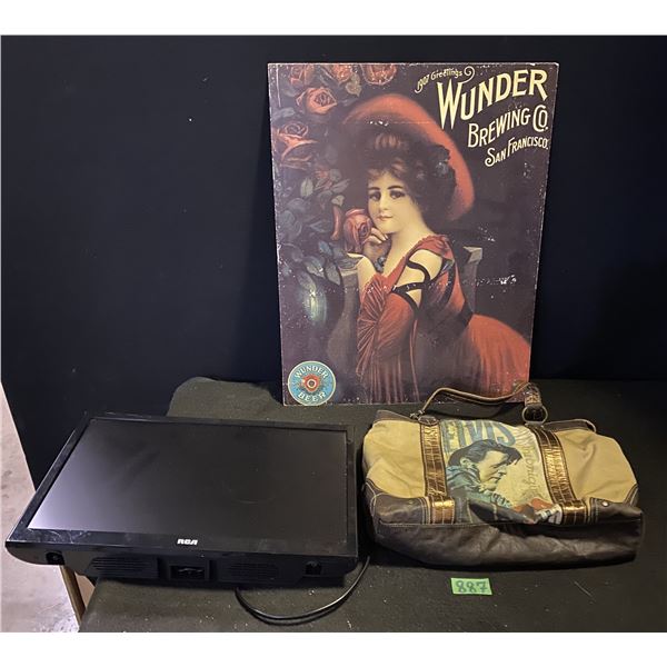 RCA computer monitor, Elvis purse and tin metal wall art