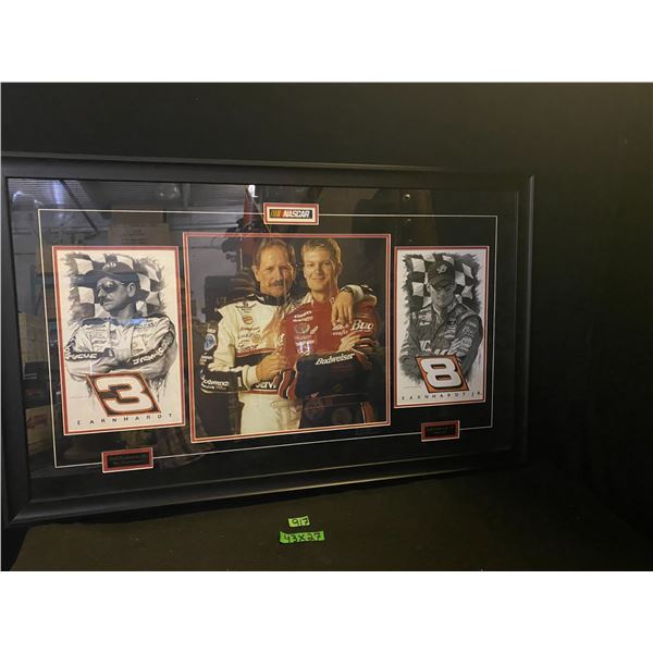 Framed Nascar art featuring the Earnhardt's