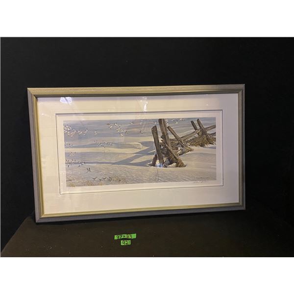 Robert Bateman, "Split Rails Snow Buntings" numbered and signed 437/950, framed